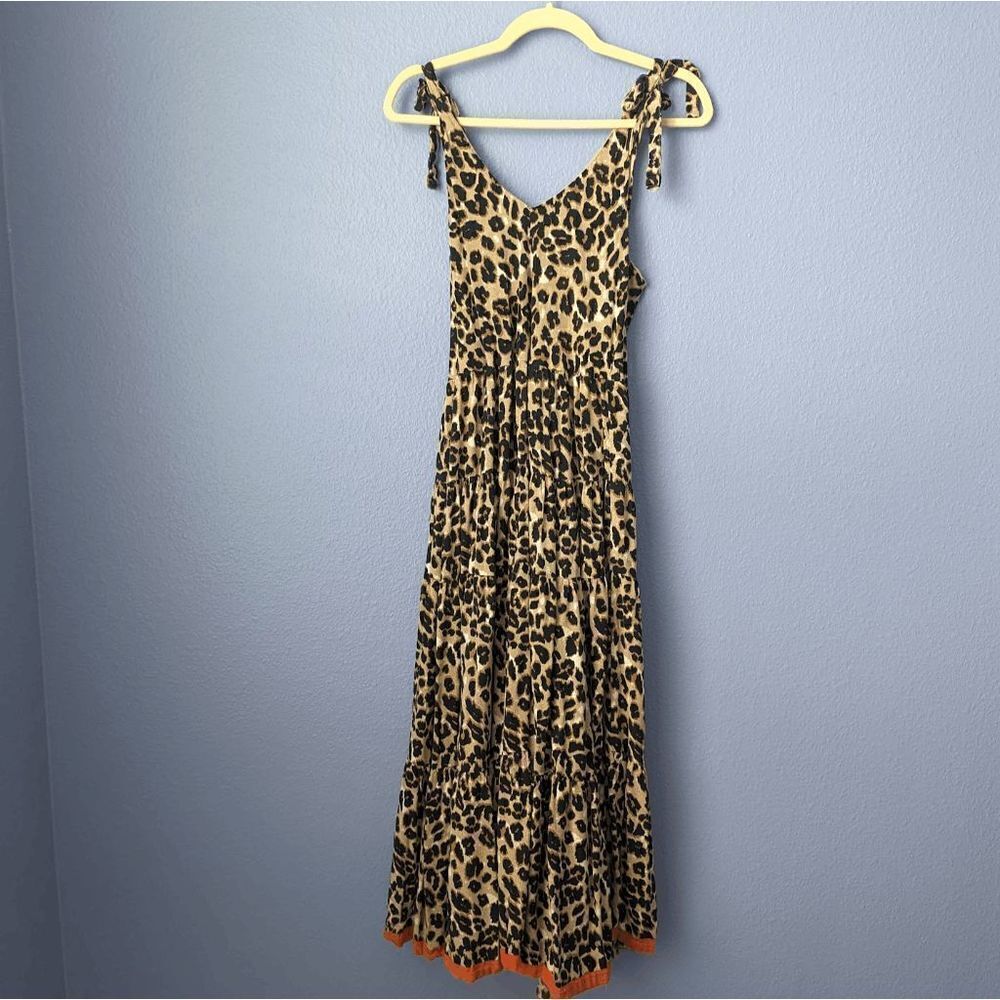 Women's THML Leopard Maxi Dress Orange Trim Animal Print Sleeveless Tiered S